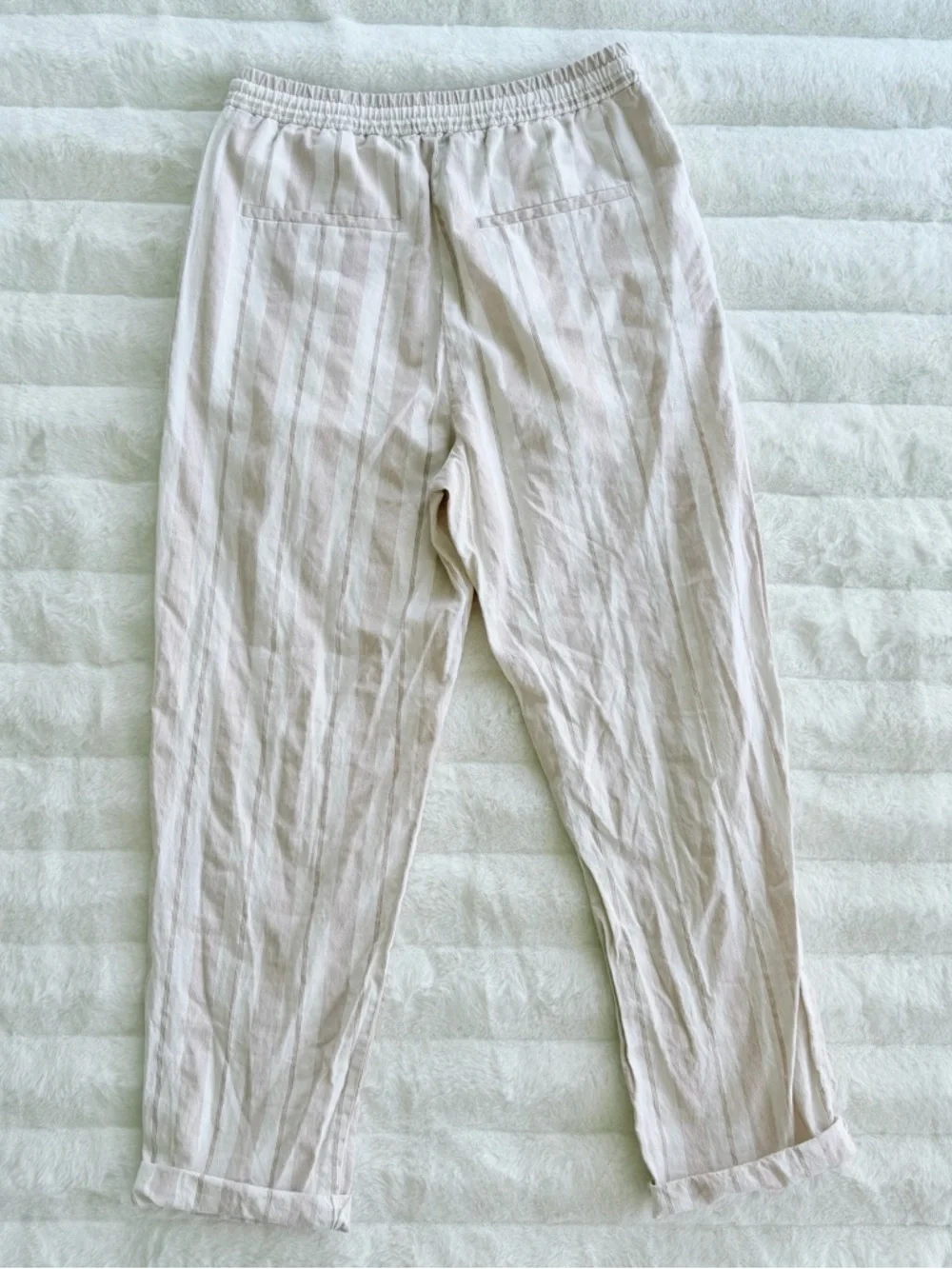 Zara Linen Blend Striped Pants Size M Beige Cream Drawstring Boho Beach